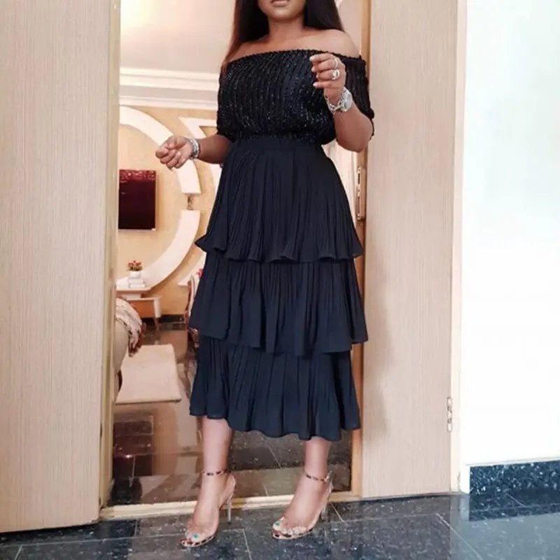 Женское многослойное платье шифоновое Плиссированное черное модное