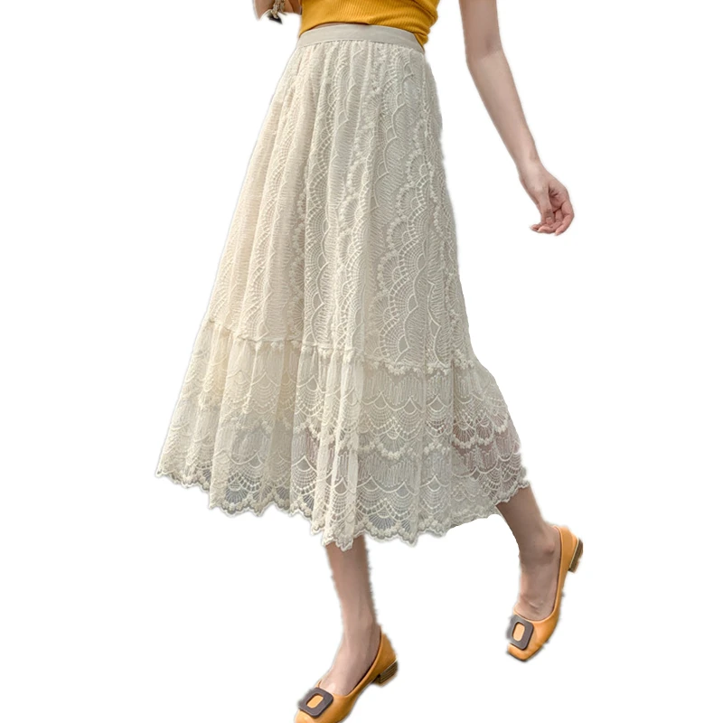 

New Arrival 2021 Spring Summer Women High Waist Slim Long Skirt High Quality Vintage Crocheted Hollow Out Lace Skirt