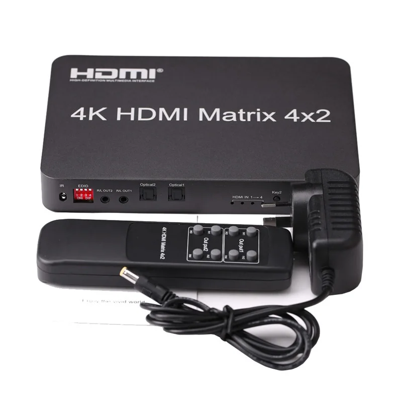 

4K HDMI Matrix 4X2 Switch Splitter Video Converter 2x2 with Optical Fiber Audio 1080p 60hz 4 Channel Laptop PC To 2 TV Monitors