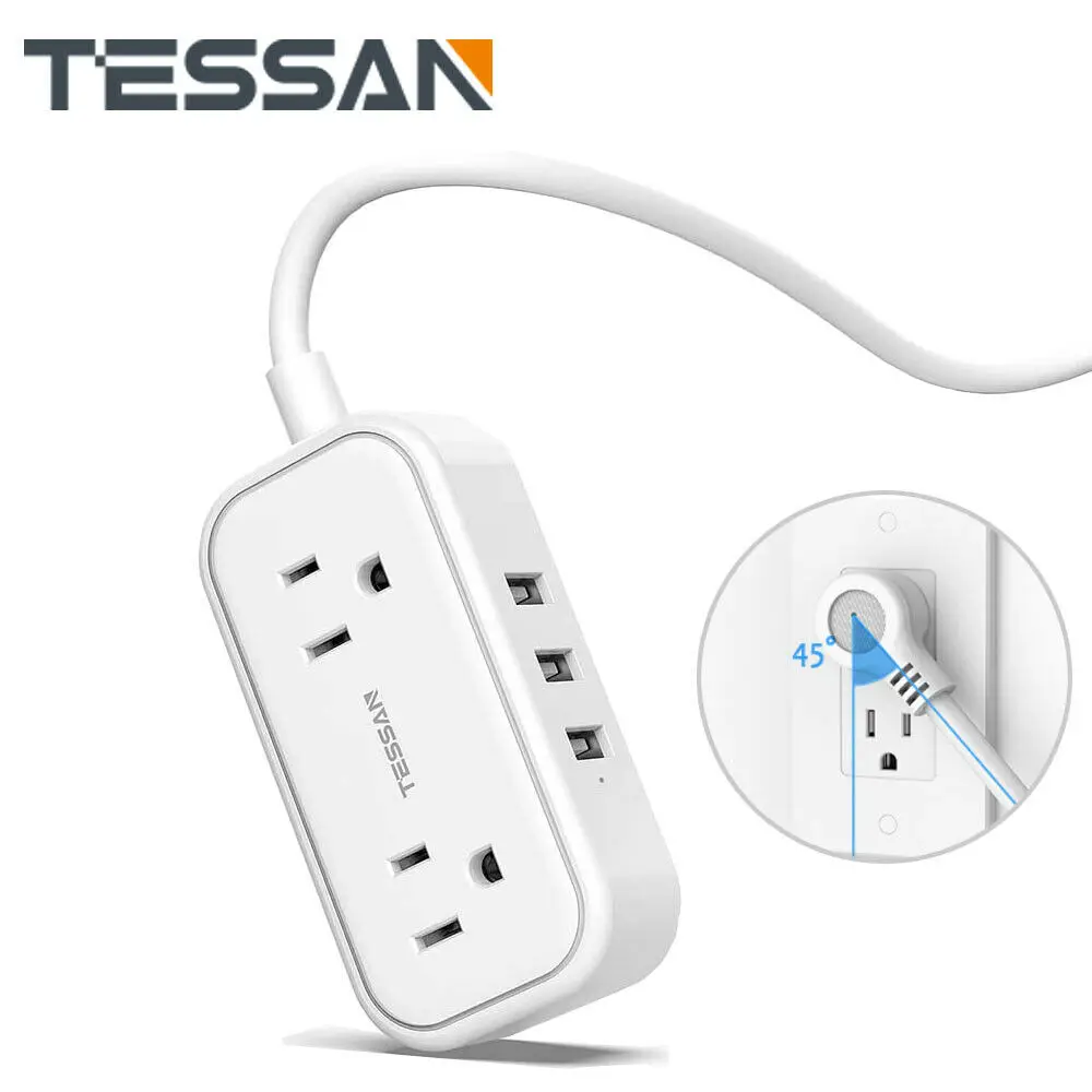 

TESSAN Travel Portable US Plug Multi Sockets Power Strip with 2 Widely Spaced Outlets 3 USB Ports 5ft Extension Cord Flat Plug