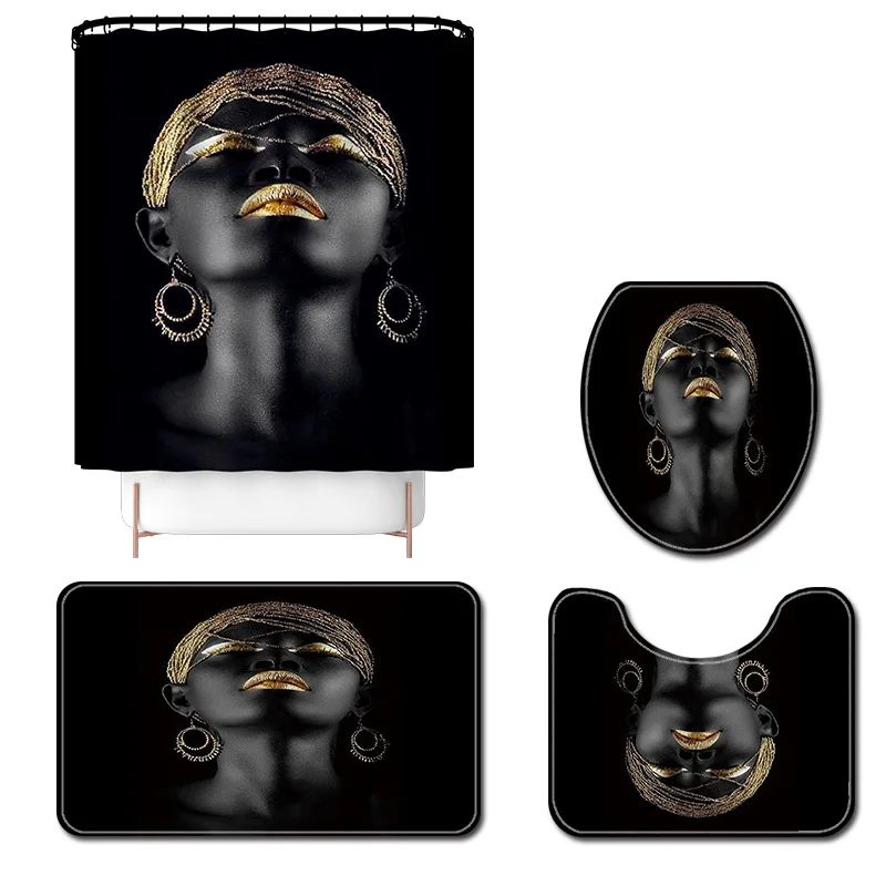 african women printed bath mat and shower curtain set non slip u shaped toilet rug memory foam carpet for bathroom free global shipping
