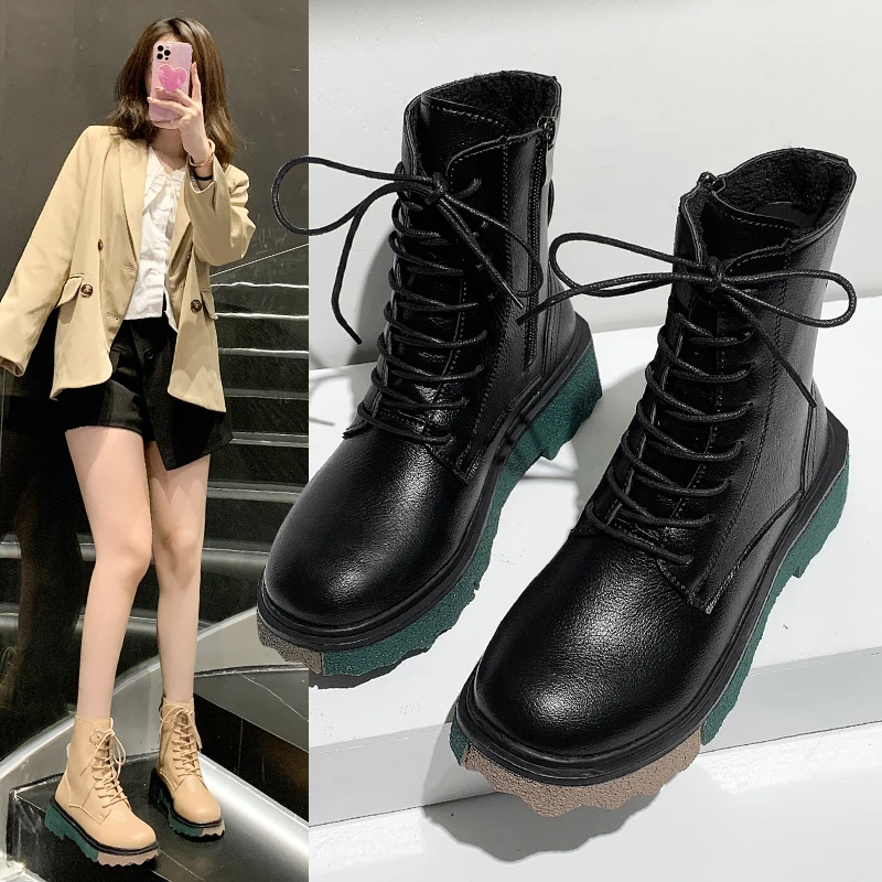 2021 New short Boots Women Plus Cashmere Warm All-match Autumn and Winter High-top Fashion Mid-tube Boots Basic Sleek Women's