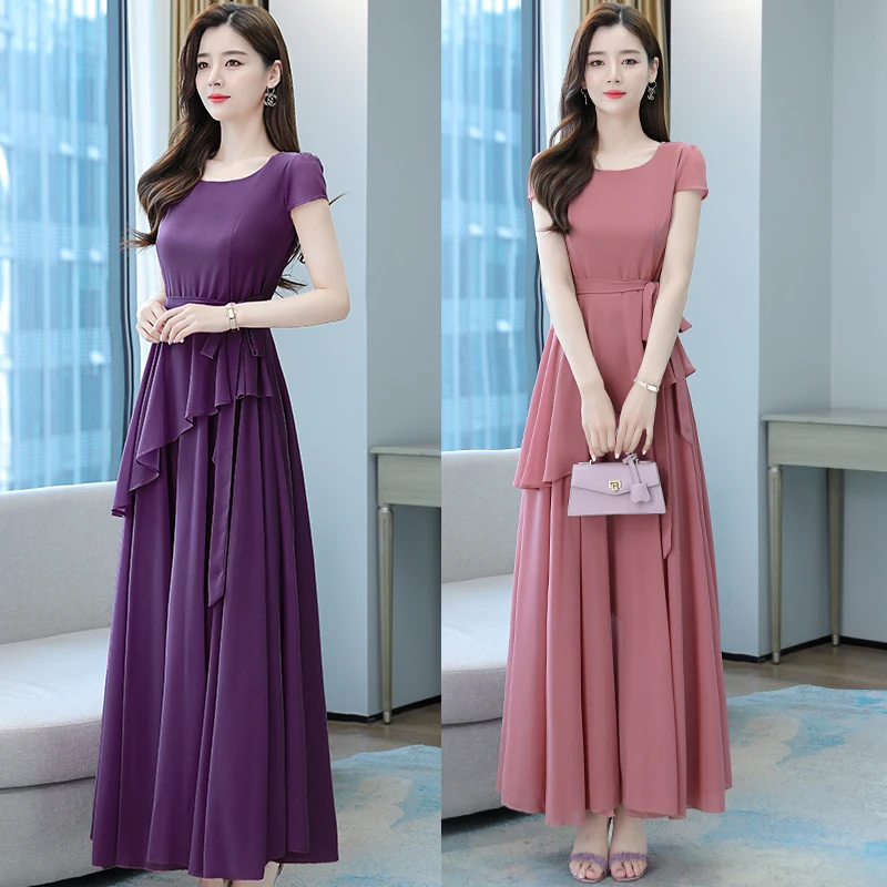 

S - 4XL Bohe Women Prom Party Big Swing Dress Retro Elegant Lace Up Party Dress Solid Color Robe Chiffon Beach Long Dresses 2021