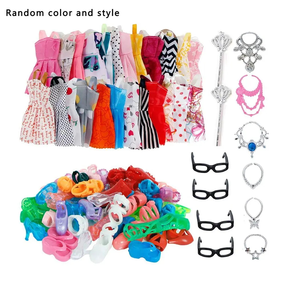 

32 Pieces Cartoon Clothes Mixed Cute Dresses Shoes Glasses Necklaces Wands Doll Accessories For Girls Random Color Type
