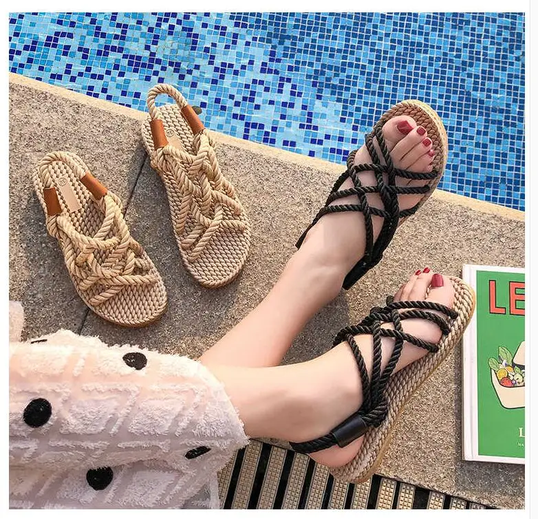 2021 summer new net celebrity same style sandals women woven hemp rope beach flat shoes cross strap tide shoes women