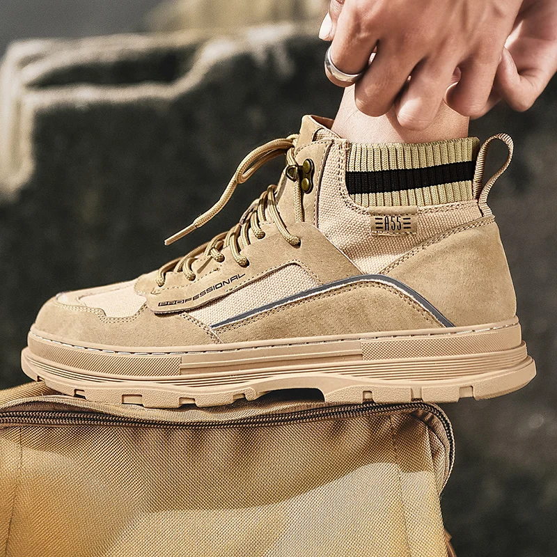 

2021 new men's ankle shoes boots fashion trend outdoor designer Martin boots men soft Beige lace up Casual work shoes Male