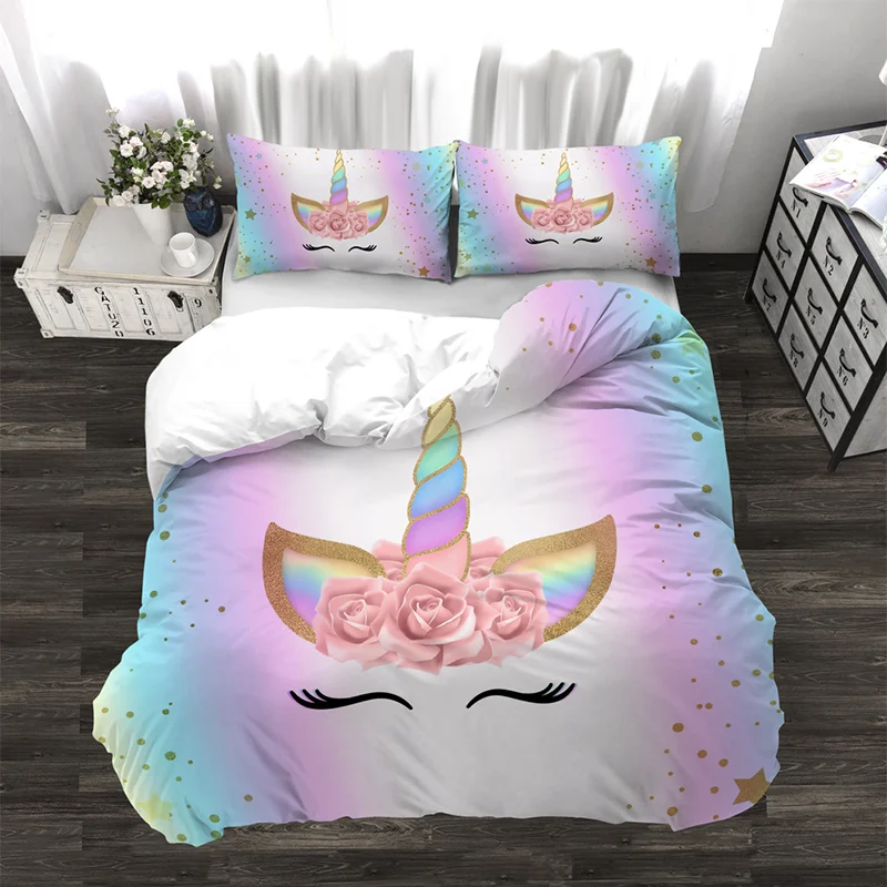 

Golden Cartoon Unicorn Bedding Set With Flowers Cute Colorful Duvet Cover Pillow Case Kid Room For Birthday Gift Bedclothes 3PCS
