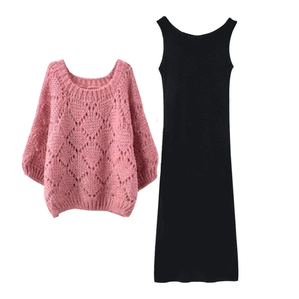 Женский трикотажный свитер красный и черный повседневный комплект из двух