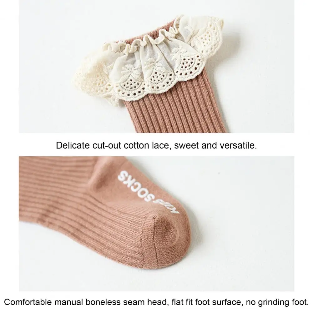 

1Pair Cotton Solid Color Middle Tube Lace Baby Floor Socks Non-slip Stocking Princess Socks Gifts