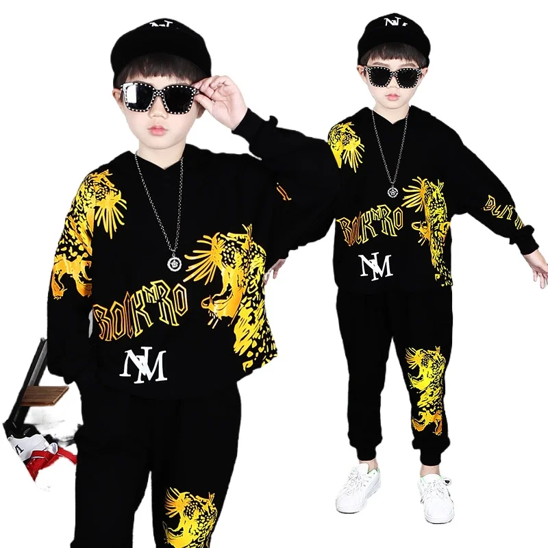 

2023 Повседневный Спортивный костюм для мальчиков, детская одежда, модный мультяшный принт тигра, длинные рукава + брюки, Детский комплект, детская одежда