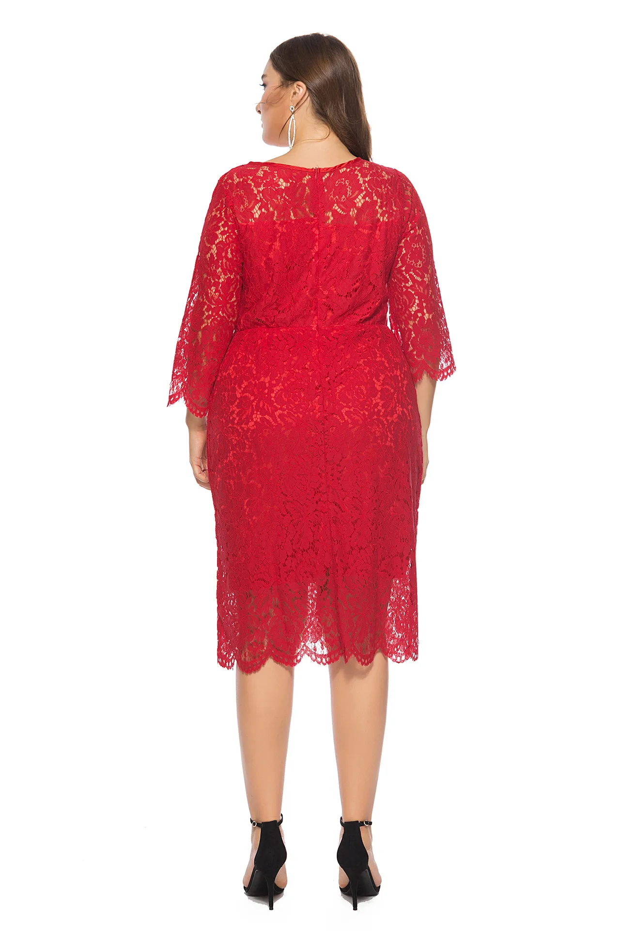 

Evening Dresses Three-Quarter Sleeves Lace Round Neck Knee-Length Solid Color A-Line Slim Large Size Elegant And Dignified