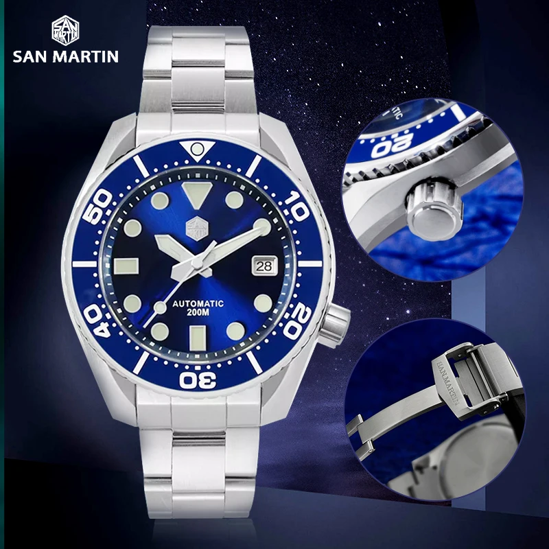 

San Martin 200M Diver Watch Mens NH35 Automatic Watches Luxury Sapphire Ceramic Bezel BGW-9 Luminous Date Mechanical Watch