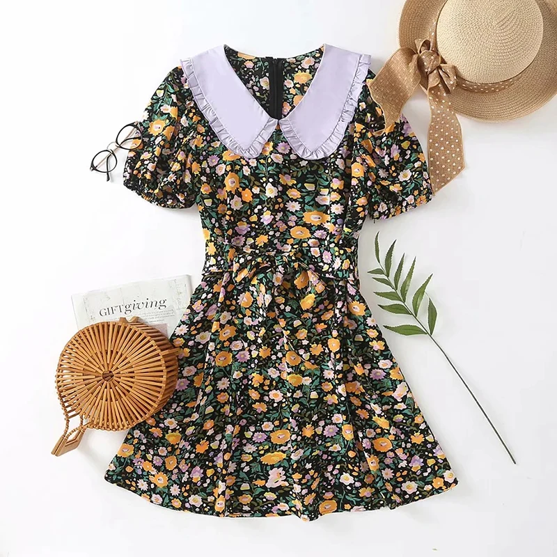 2020 Цветочный принт винтажного мини-платья Женский накачанный короткий рукав Кэжуал Пояса Поворачивают Вниз Воротник Летние Платья Вестидо.