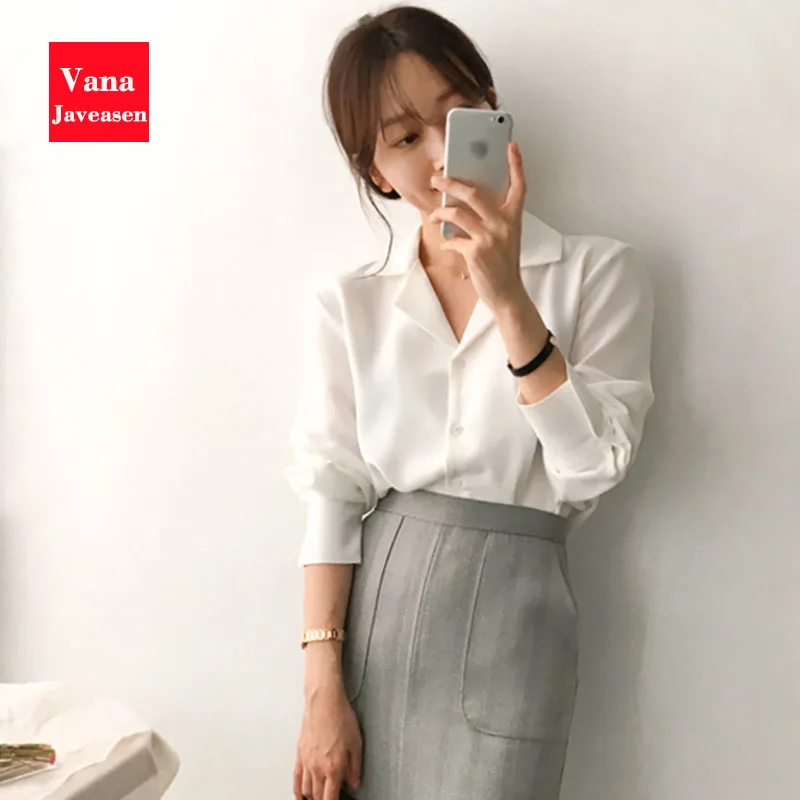 

Vana Javeasen Casual White Chiffon Women Blouse Shirts V-Neck Office Ladies Tops Slim Long Sleeve Formal Womens Blouses Blusas