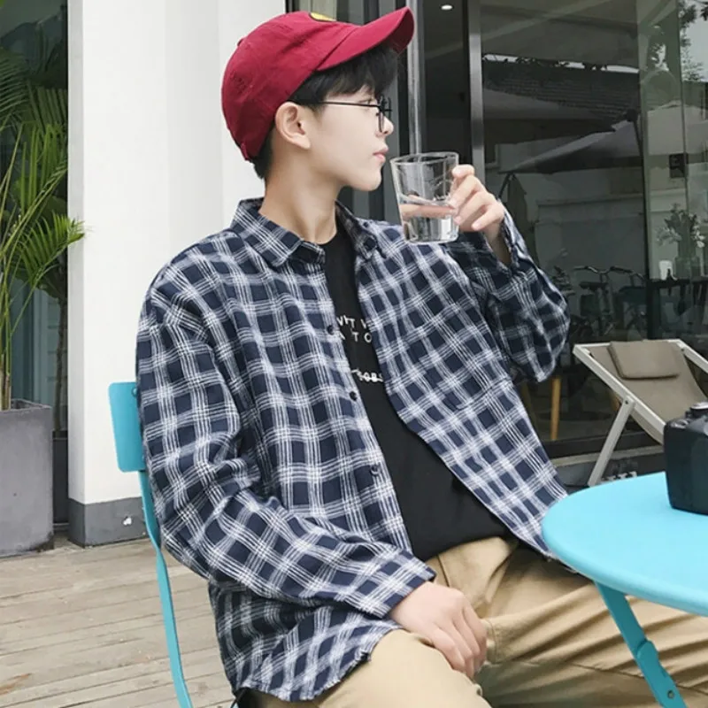 

Men Shirts Cotton Large Size M-3XL Long Sleeve Turn Down Collar Teens Checkered Shirt Loose Fashion Korean Style All-match Tops