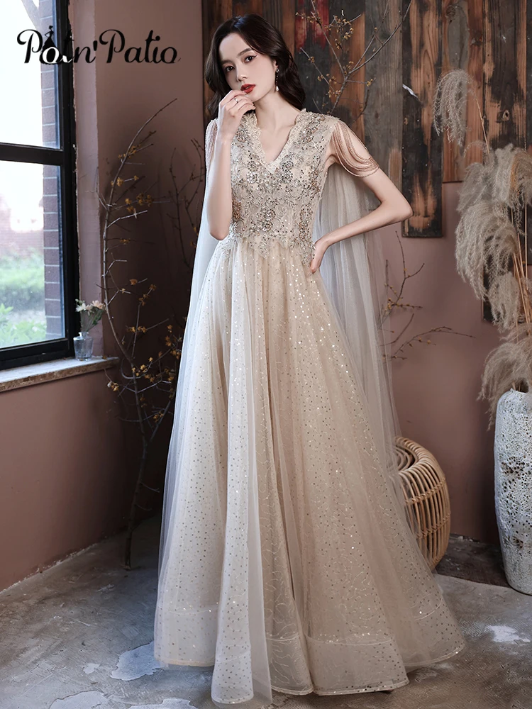 

Fairy Evening Dresses Long With Beads 2021 Elegant V-Neck A-Line Floor-Length Appliques Sequined Tulle Backless Women Prom Gowns