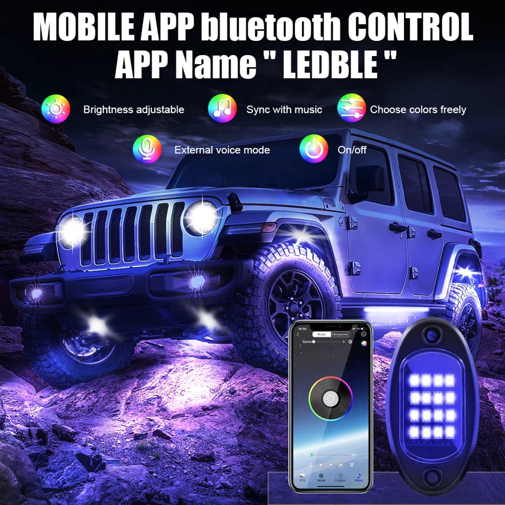 Waterproof RGB LED Rock Light Underglow Neon Kit Bluetooth APP Remote Control Chassis Decorative Music Lamps for Jeep | Автомобили и