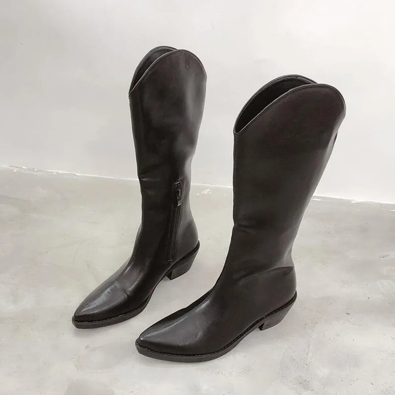 Женские мотоциклетные ботинки с острым носком черные коричневые бежевые длинные