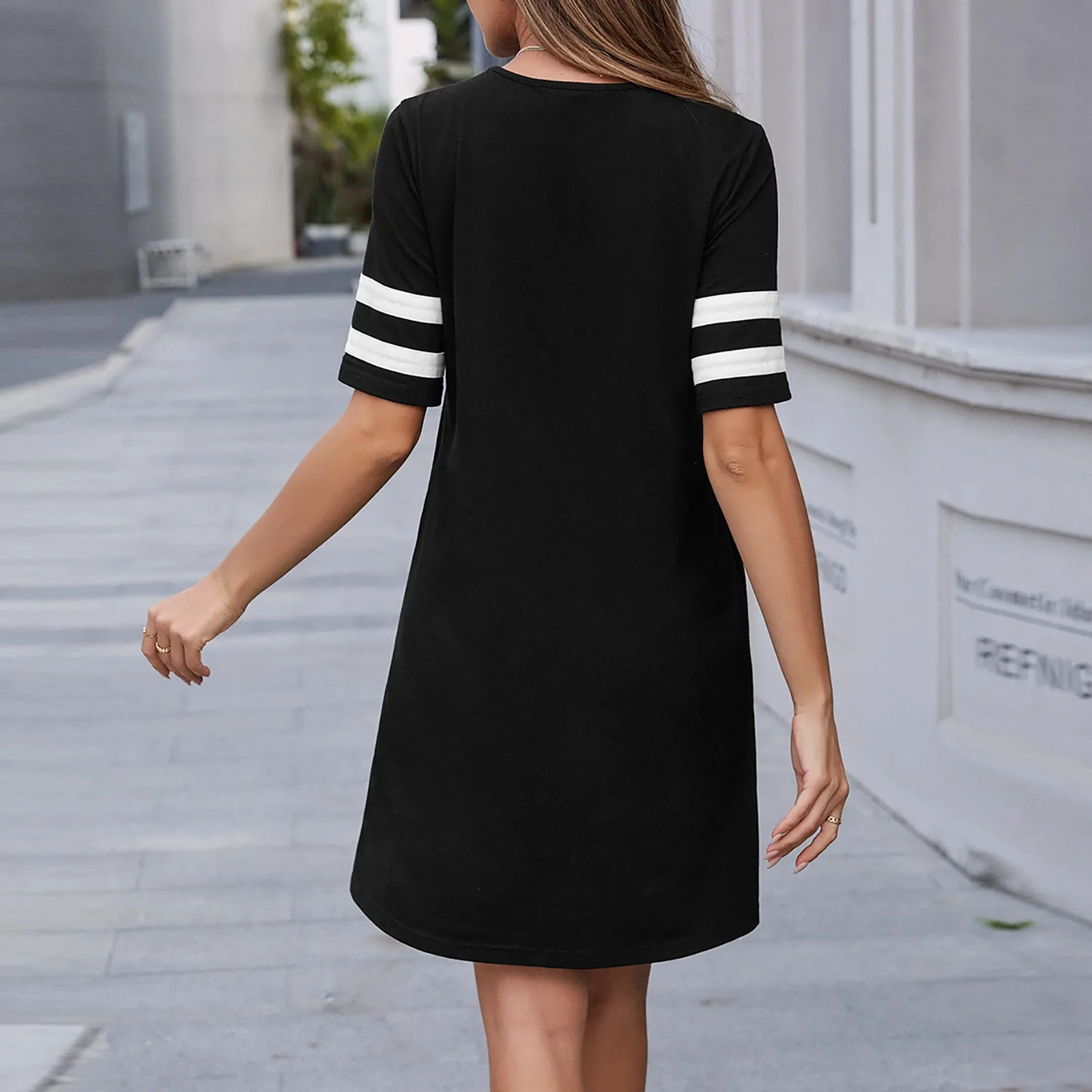 

Summer Round Neck Solid Color Striped Dress Streetwear Short Sleeve Dress Female Clothes Vestido De Mujer Sexy Dresses For Women