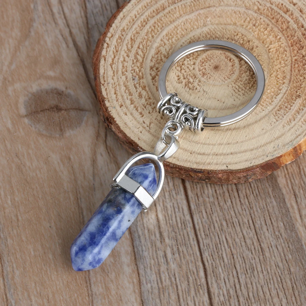 1Pcs Vintage Natural Stone Keychain Natural Quartz Stone Pendant Key Rings Pink Crystal Key Chains Fashion Bag Accessories