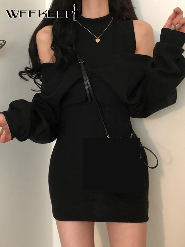 Женское трикотажное платье Weekeep Осеннее короткое приталенное с v-образным