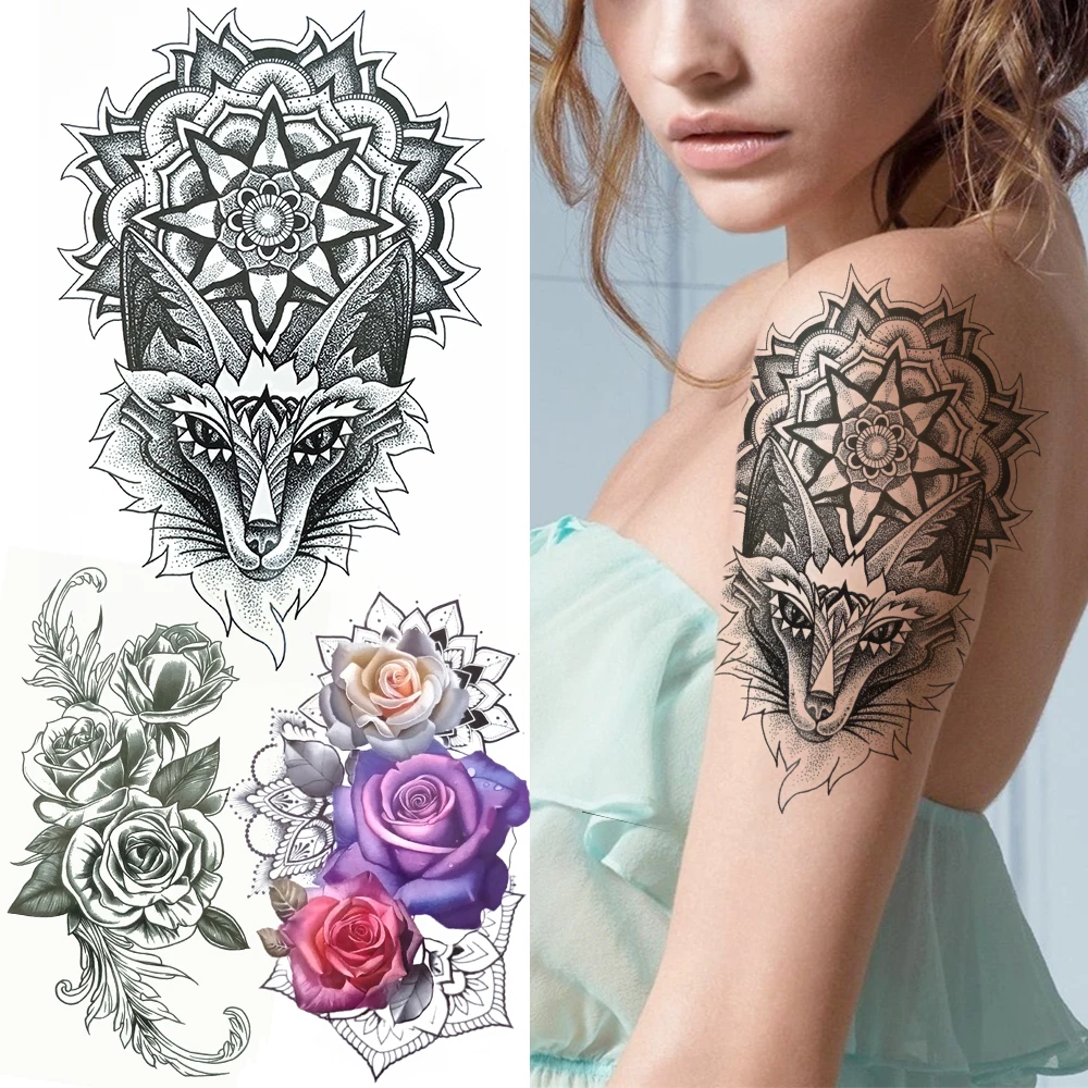 

Временная татуировка мандала, хна, Лев, для мужчин, женщин, мужчин, сексуальная роза, цветок Менди, татуировки, наклейки, черный, большой пот, ...