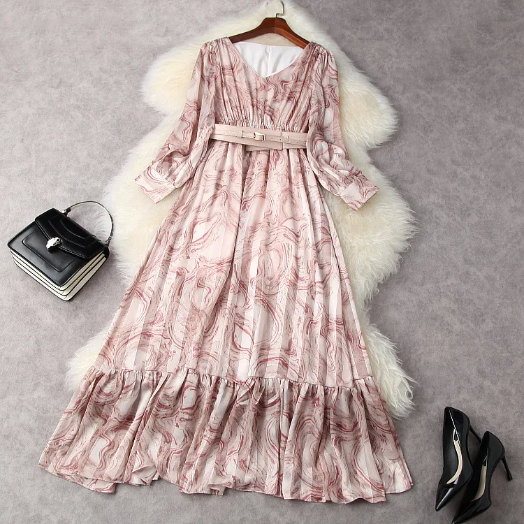 

European and American women's clothing spring 2021 new Long-sleeved v-neck Fashion print belt Pleated dress