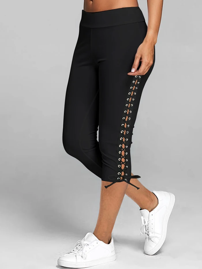Lace Up Capri Leggings Casual High Waist Side Bandage Mid-Calf Women Bottoms  Trouser Solid | АлиЭкспресс