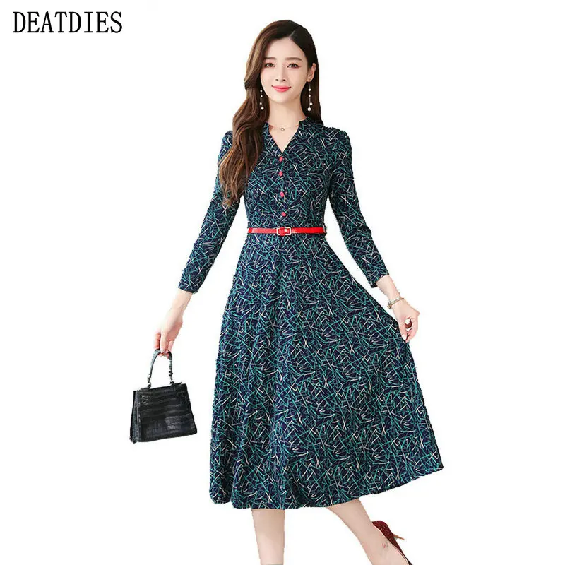 

New Women Dress 2019 A-Line Female Print Dress Ladies V-Neck Women Dress Long Sleeve Autumn Winter Dress Elegant Womens Dresses