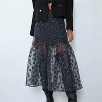 elastic waist side zipper women fashion casual a line skirt 2021 new ladies organza printed yarn pattern mid length skirt