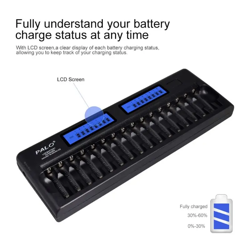 1 комплект 16 слотов Smart AA AAA NiMH NiCd, перезаряжаемый аккумулятор зарядное устройство с ЖК-экраном с настенным адаптером