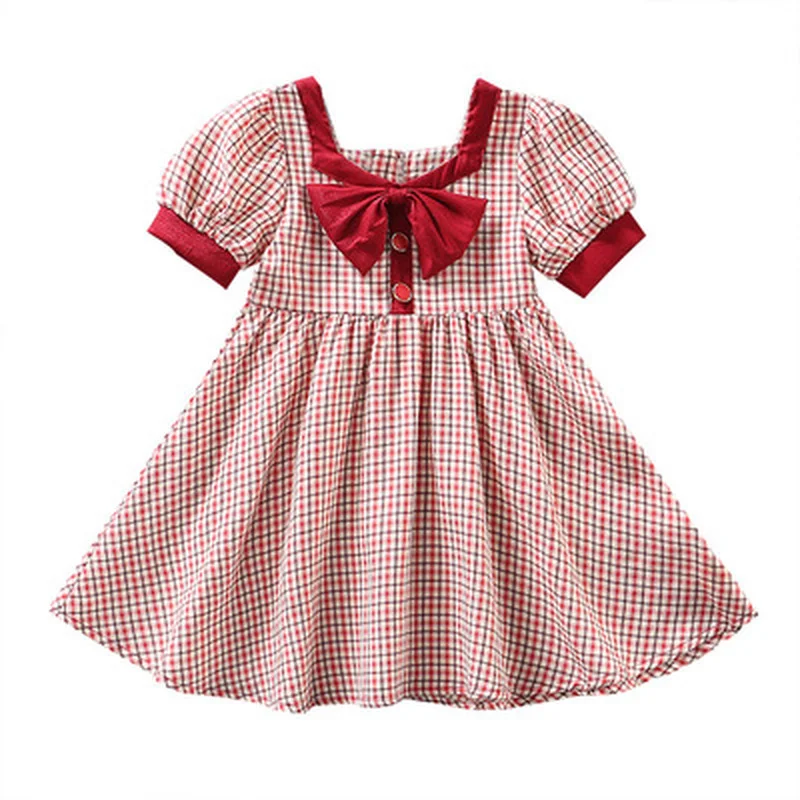 

Girls' bowknot dress summer dress 2021 new trend red plaid fashion small fragrance children's skirt