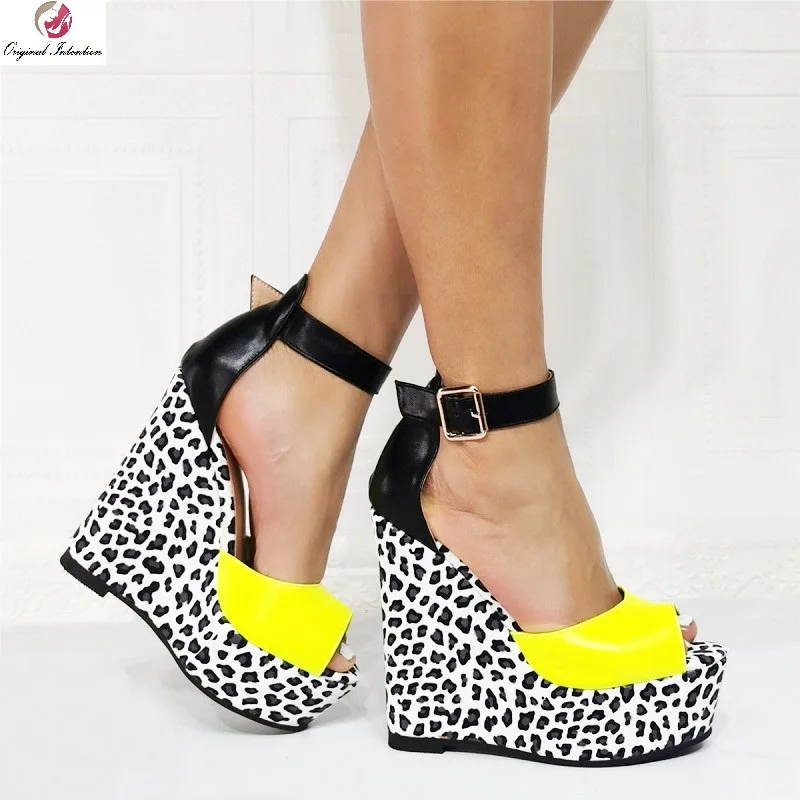 

Fashion Leopard High Platform Sandals Women Elegant Yellow Peep Toe Ankle Buckle Strap Wedge High Heels Lady Summer Party Shoes