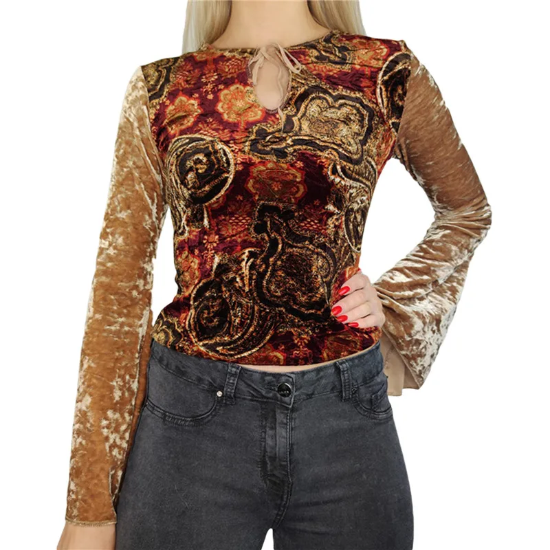 

Женская бархатная блузка с принтом в стиле ретро, с расклешенными рукавами