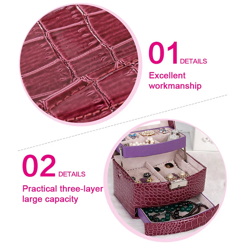 

Crocodile Pattern Jewelry Storage Organize 3-Layer Jewelry Box Case For Earring Necklace Comestic Jewelry Casket Girlfriend Gift