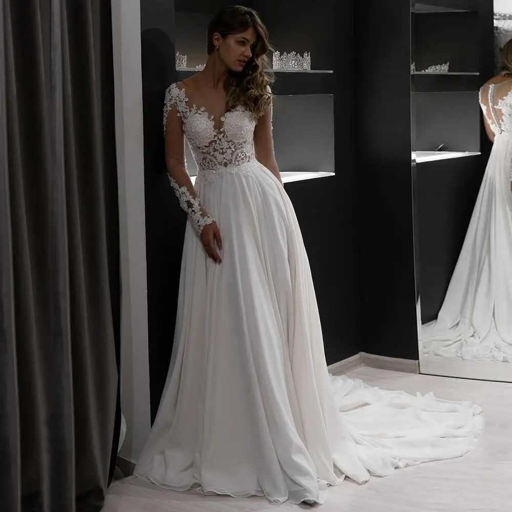 

Boho Chiffon A Line Wedding Dress Sexy Illusion Beach Bridal Gowns Lace Applique Long Sleeves robe de mariée Jewel Neck 2021