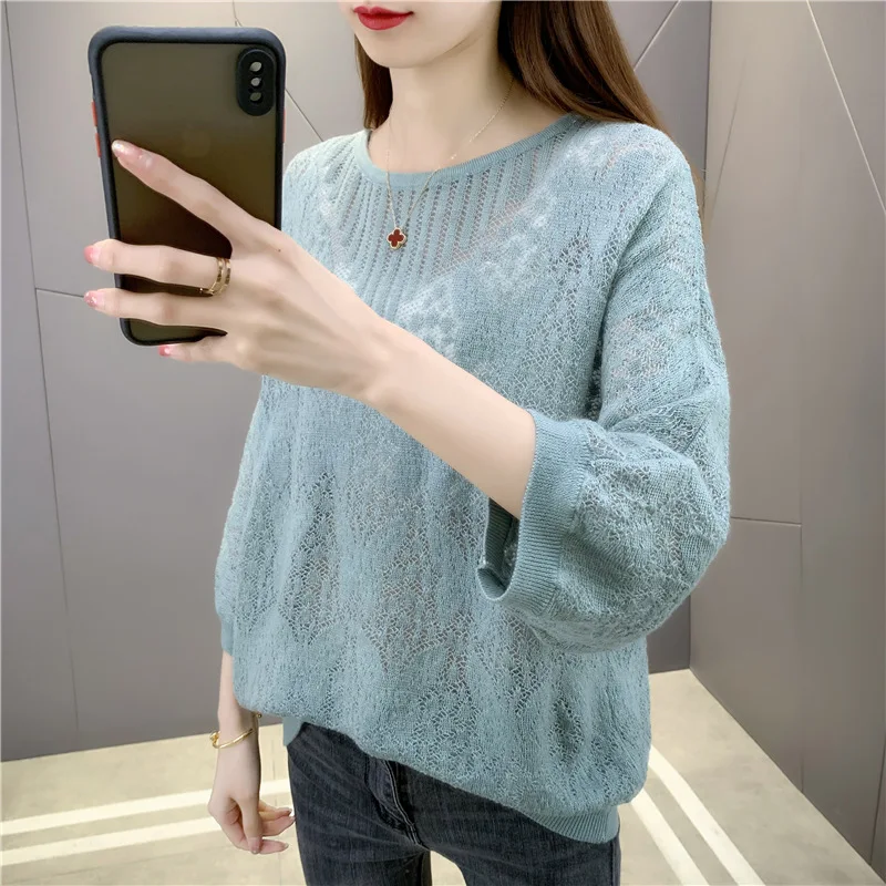 

Room 194354, row 7, No.5, top] реальное фото весны круглый вырез однотонный ажурный короткий рукав пуловер 46