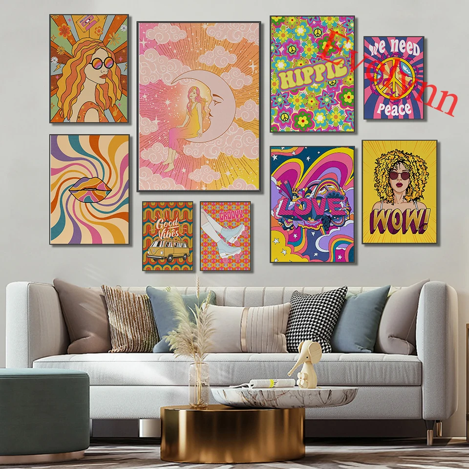 

Psychedelic Groovy 70s Art Retro Poster,Hippie Art,Moon Goddess,Love,Skating Art,Lips,Living Room Decor Canvas Wall Art Prints