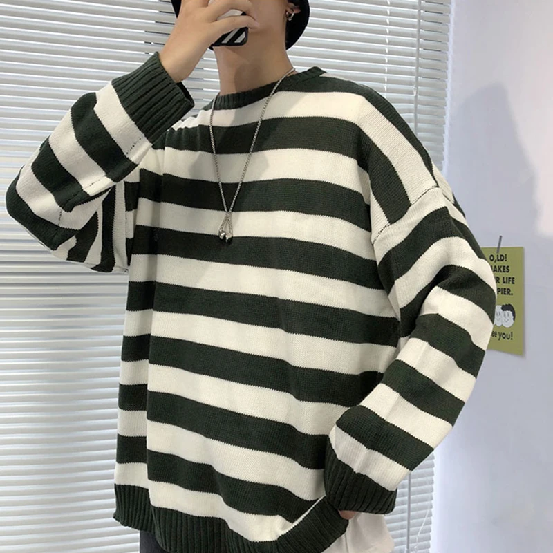 Черный красный полосатый вязаный свитер осень зима Crewneck Мода длинный абзац