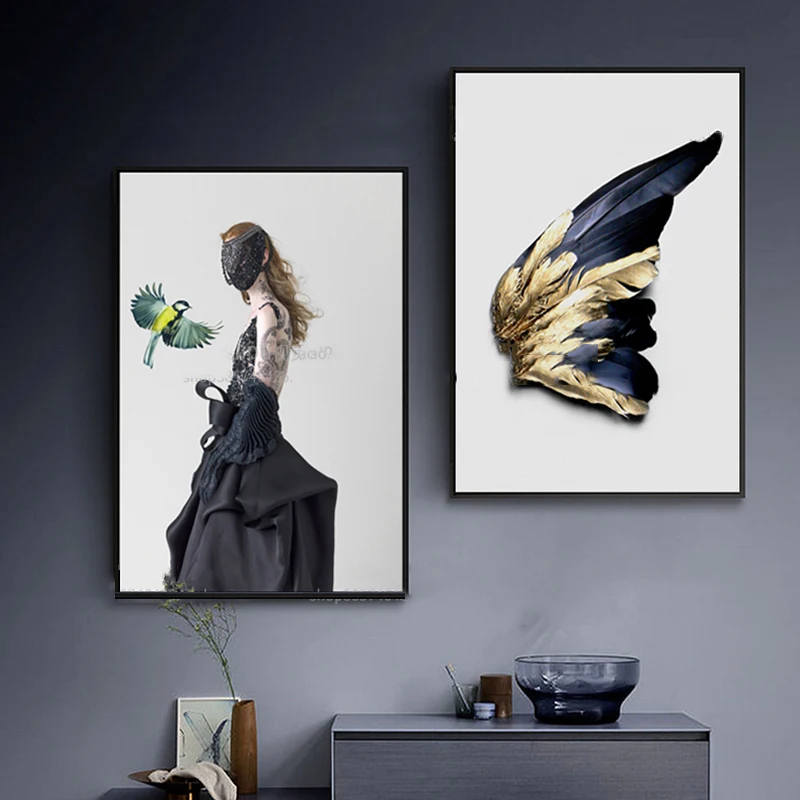 Современная Скандинавская художественная Черная Женская картина с маской птица