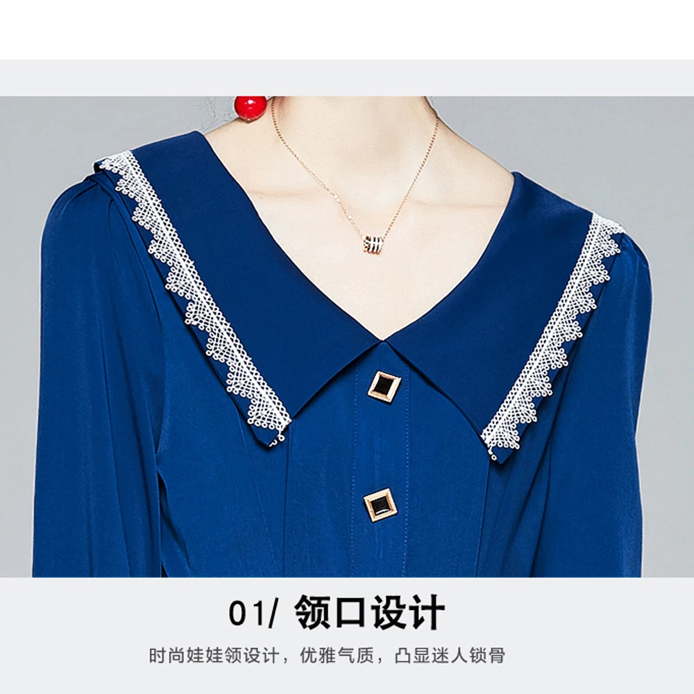 

Simgent Peter Pan Collar Dress Women French Lantern Sleeve Lace Up Midi Long Dress Woman Clothing Vestidos Robe Femme SG010304