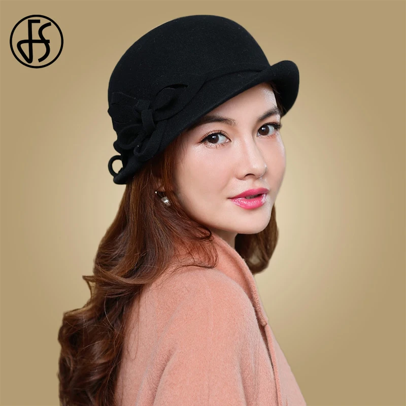 Женская винтажная фетровая шляпка FS черная шерстяная с цветочным рисунком на