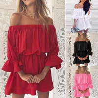 2021 women one shoulder dress summer flare sleeve bandage sundress loose casual sexy strapless solid color mini dress