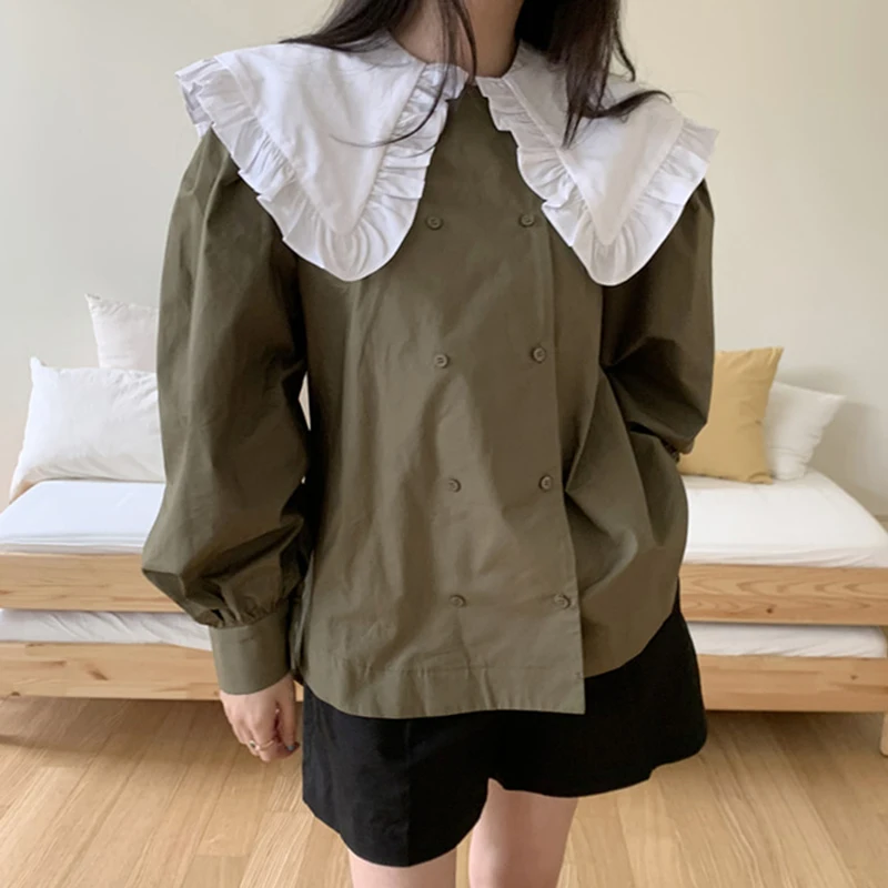 

2021 Spring Women Blouse Vintage Turn-down Collar Lantern Femme Autumn Double Breasted Shirt Tops Long Sleeve Blusas