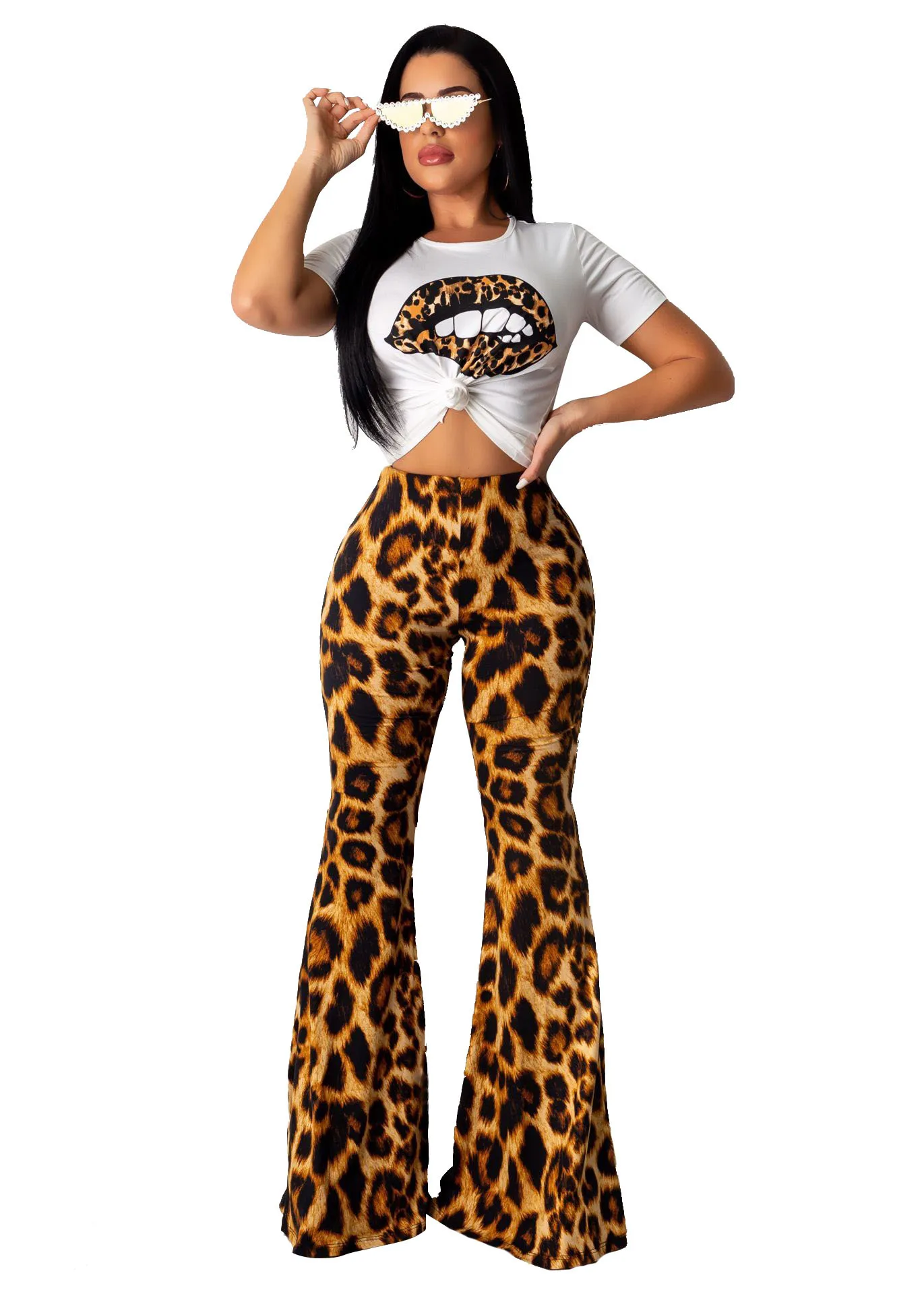 2019 Осенняя Женская леопардовая футболка с леопардовым принтом широкие брюки