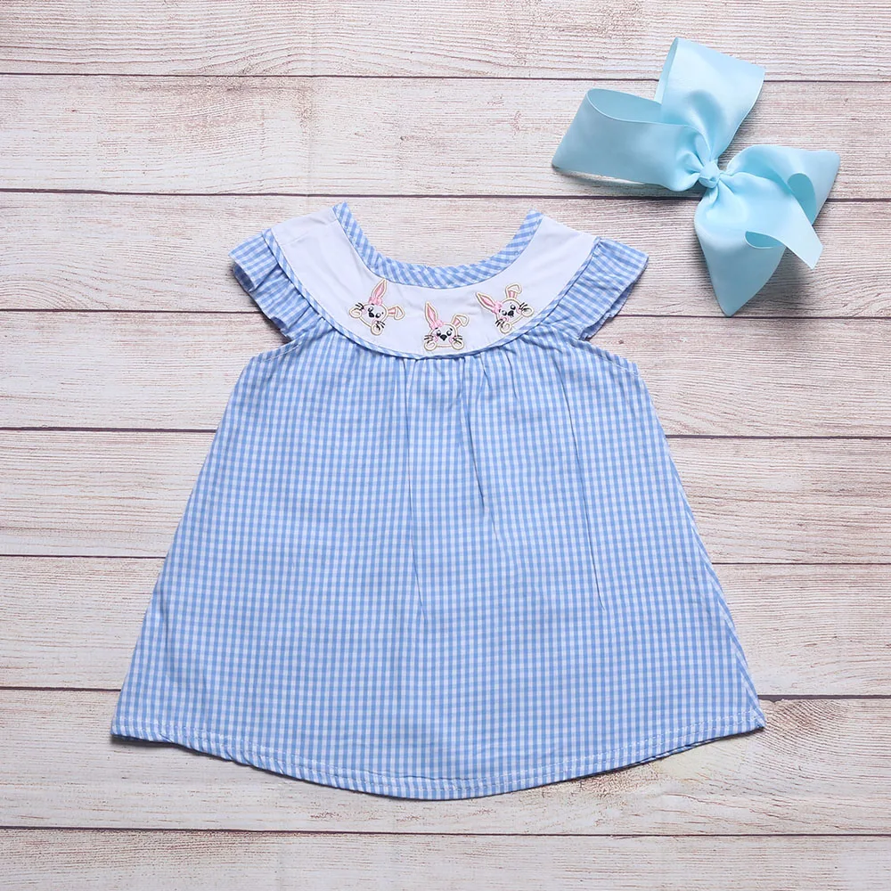 

Summer Girls Clothes Blue Plaid Sleeveless Easter Three Rabbits Embroidery Pattern Girl Dresses