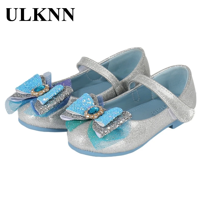 

Детские туфли принцессы ULKNN для маленьких девочек, детские повседневные сандалии на плоской подошве с синим бантом и жемчугом, блестящая об...