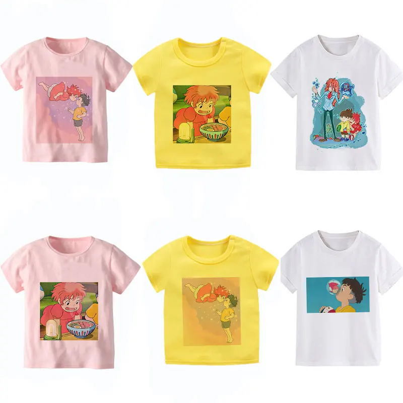 

Summer Short Sleeve Girl Clothes Sweetheart Printed Ponyo Girls Tshirt Cartoon T Shirt Boys Crew Neck Kids Clothing Casual Anime