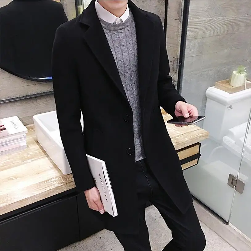 

Winter Autumn And Larger Size Men Clothing New Long Section Of The Solid Color Windbreaker Korean Version Wool Lapel Coat/m-3xl