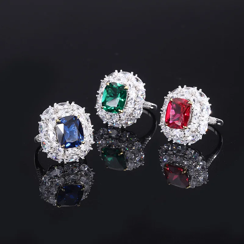 

Hot Selling Solid 925 Sterling Silver 10*12MM Square Cut Synthetic Sapphire Ruby Emerald Diamond Ring Jewelry for Women 2021 New